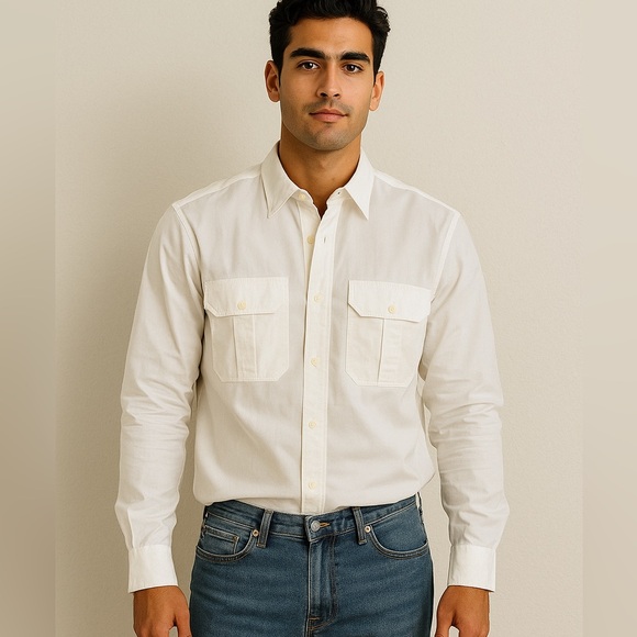 Vintage 90s Ralph Lauren Men’s White Cotton Dress Shirt - Size Medium - Picture 2 of 10